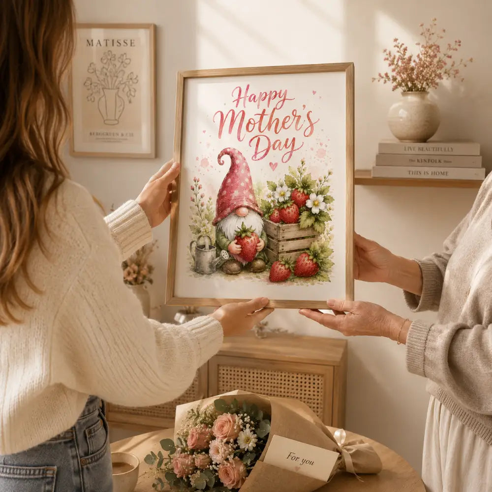 Affiche murale à télécharger cadeau fête avec un gnome rose tenant des fraises parmi des baies et feuillage décoratif