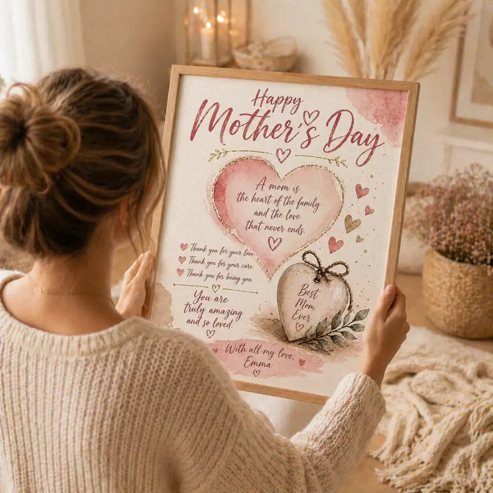 Affiche personnalisée fête des mères avec cœur aquarelle rose beige dans cadre bois clair pour cadeau fête des mères