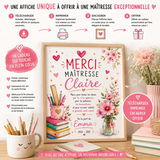 Affiche encadrée imprimable hhh avec design floral rose et or merci maîtresse claire et fournitures scolaires