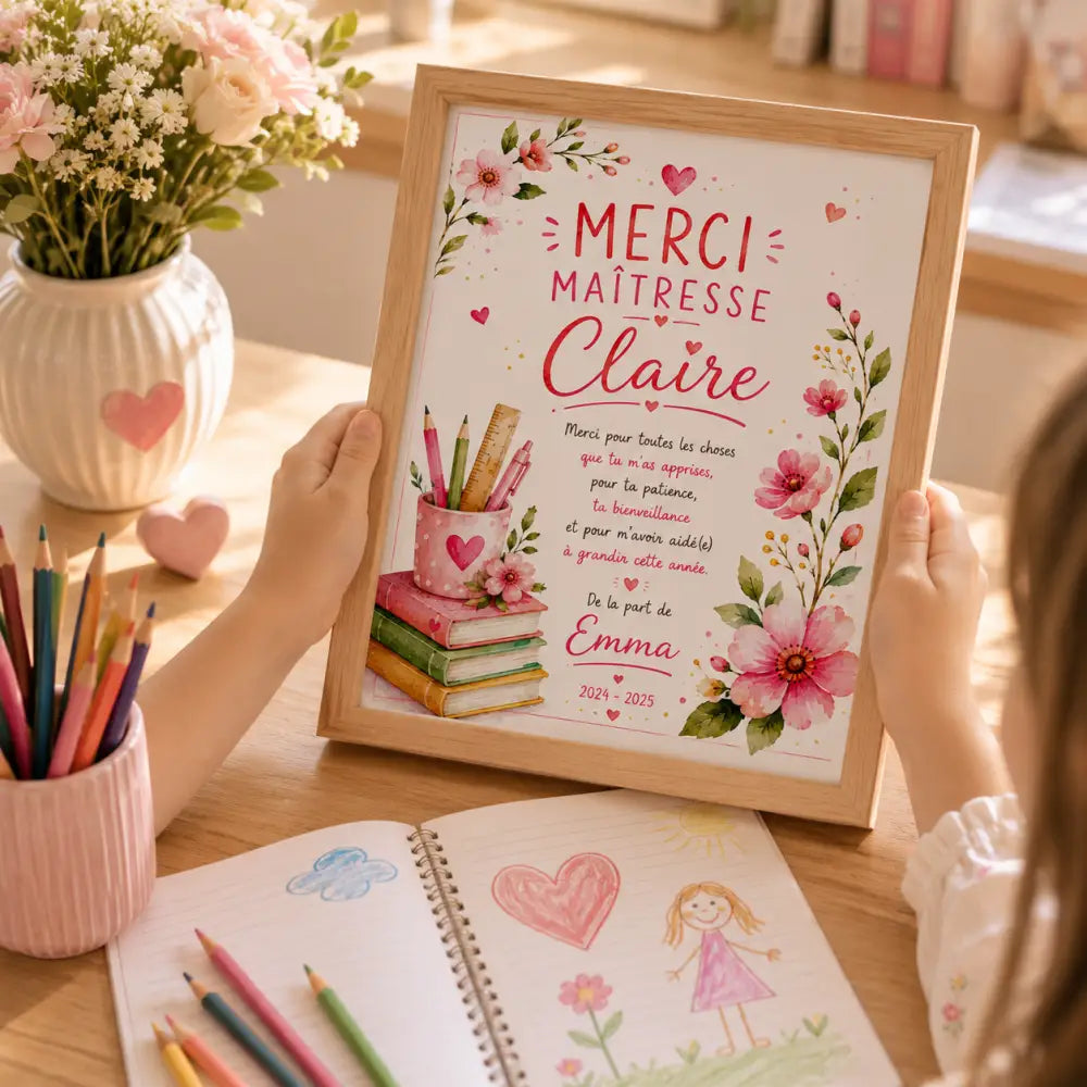 Un cadre personnalisé avec un message de remerciement en français pour madame claire et des illustrations florales rose et rouge