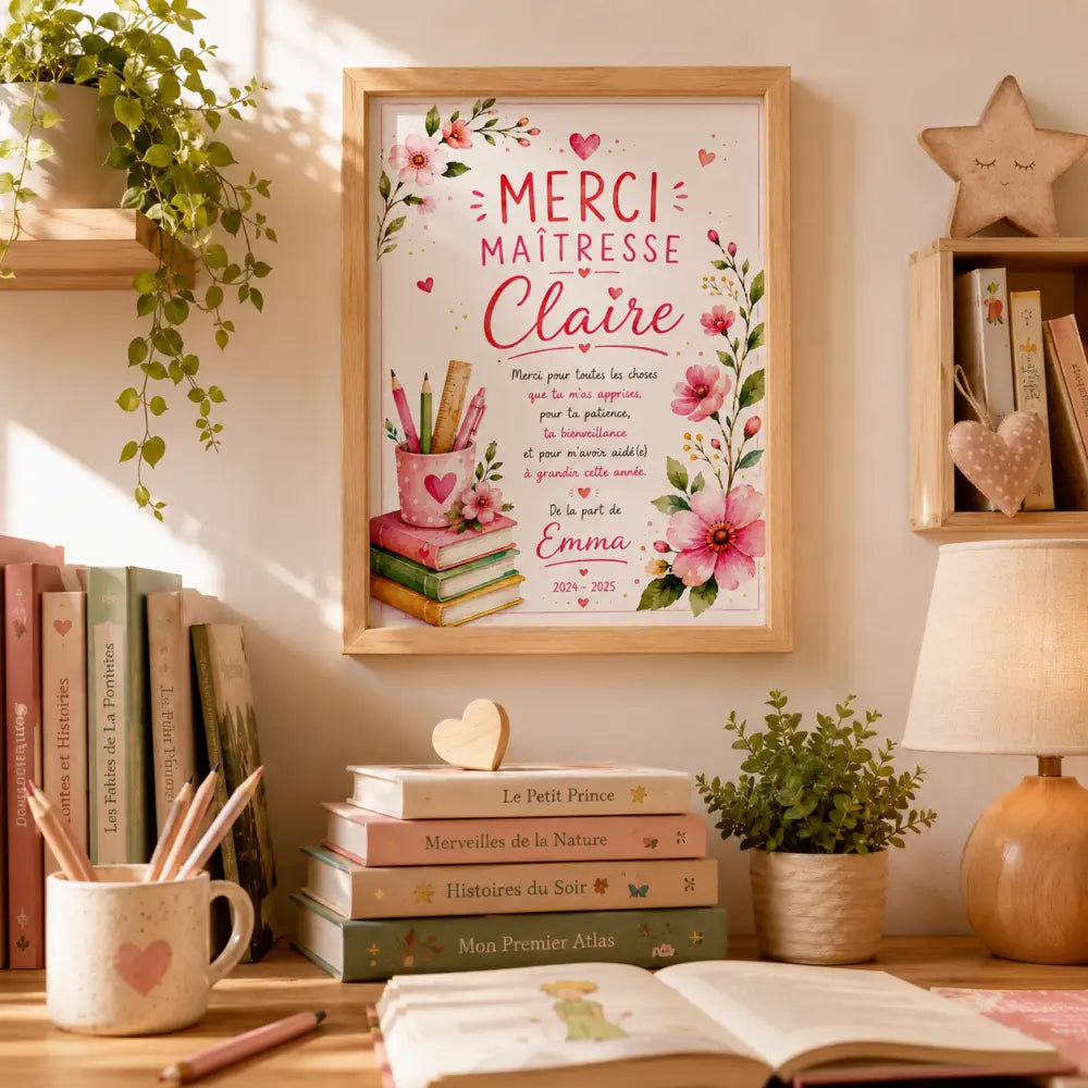 A framed poster titled hhh with a floral design and merci maîtresse claire text in pink and red script on white background
