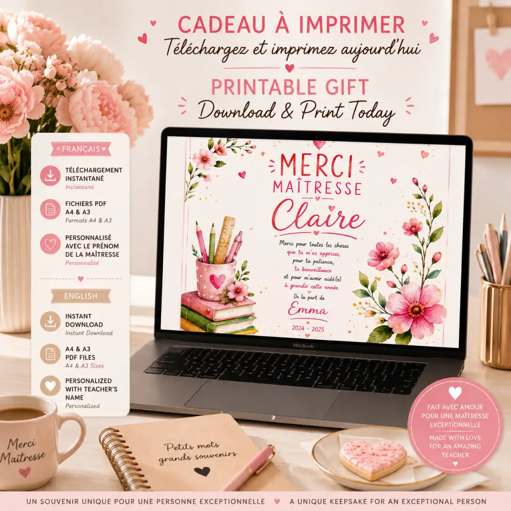 Carte de remerciement imprimable thème floral rose affichée sur écran dordinateur avec crayons en pot pour hh