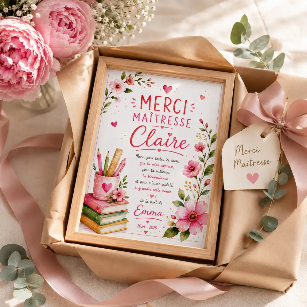 Un cadre carte de remerciement avec illustrations florales roses et message en français pour offrir à un professeur hhh