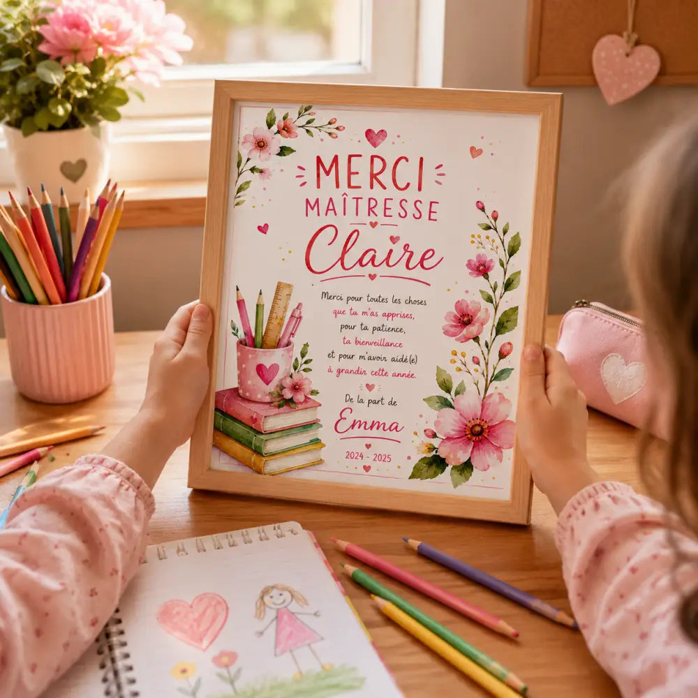 A framed personalized thank you card with pink floral illustrations held by small hands in product hhh