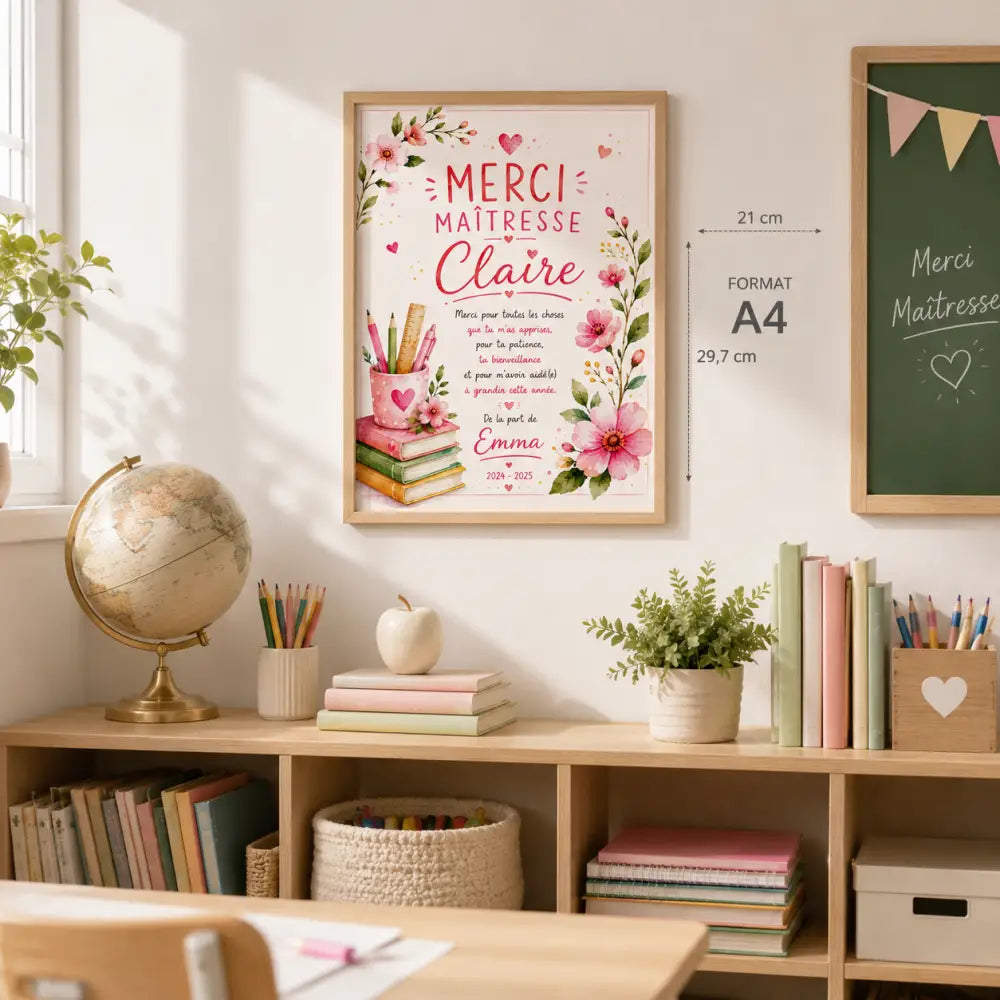 A4 encadré avec design floral rose et vert merci maîtresse claire en lettrage élégant produit hhh