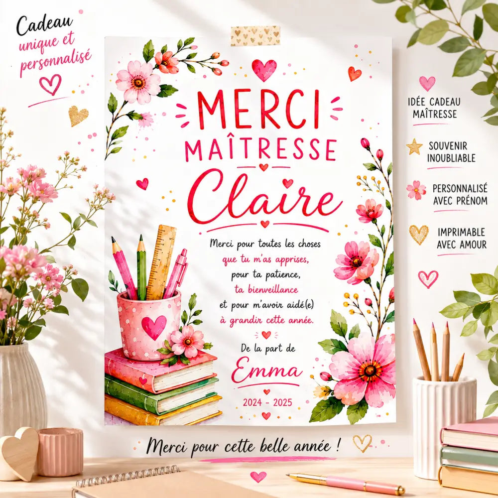 Carte de remerciement imprimable rose style aquarelle pour enseignant avec illustrations florales et graphiques papeterie