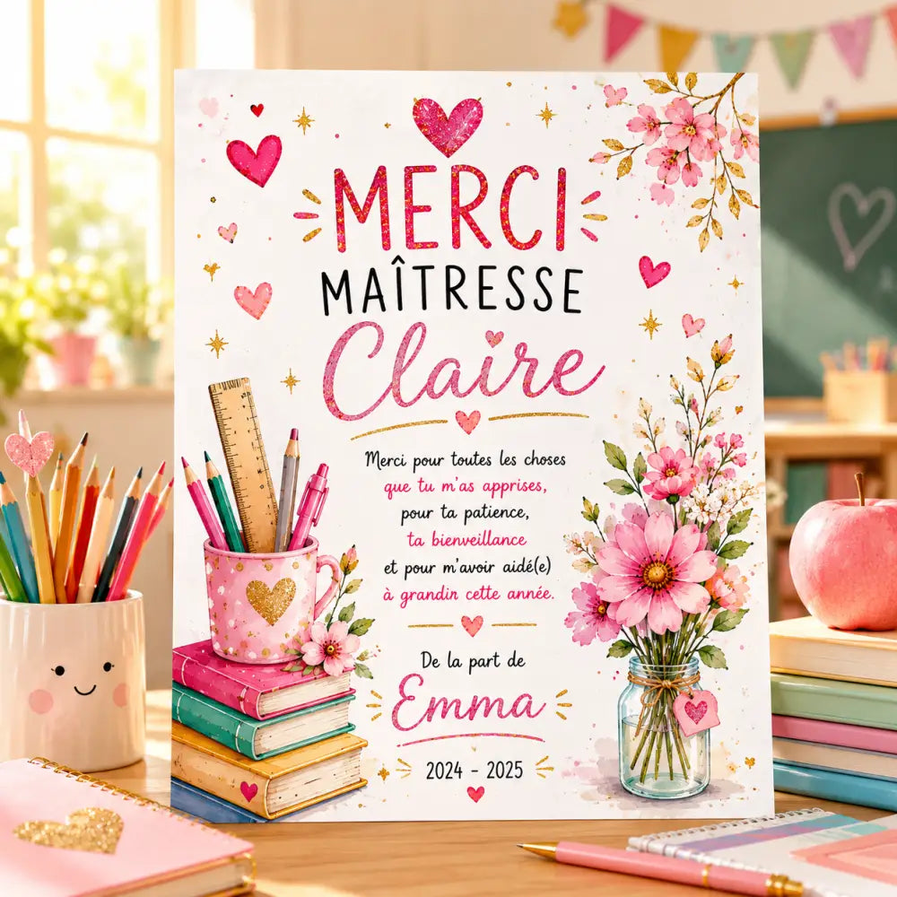 Carte de remerciement rose et or en forme de cœur avec illustrations florales et fournitures scolaires hh