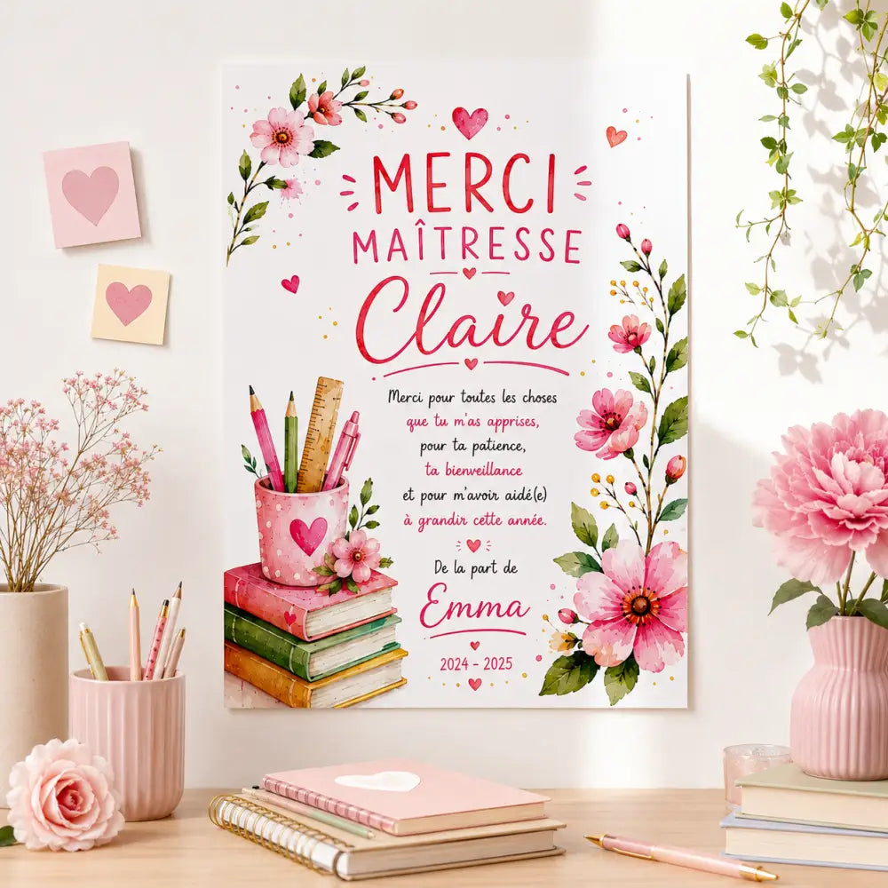 Poster floral rose merci maîtresse claire en lettrage élégant avec décor scolaire hhh