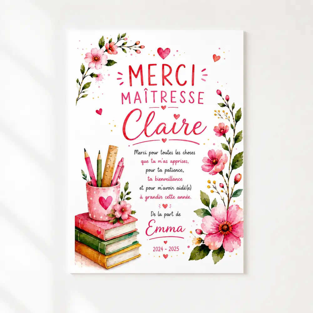 Illustration aquarelle rose d une tasse en forme de cœur tenant crayons et règles sur livres avec accents floraux hhh