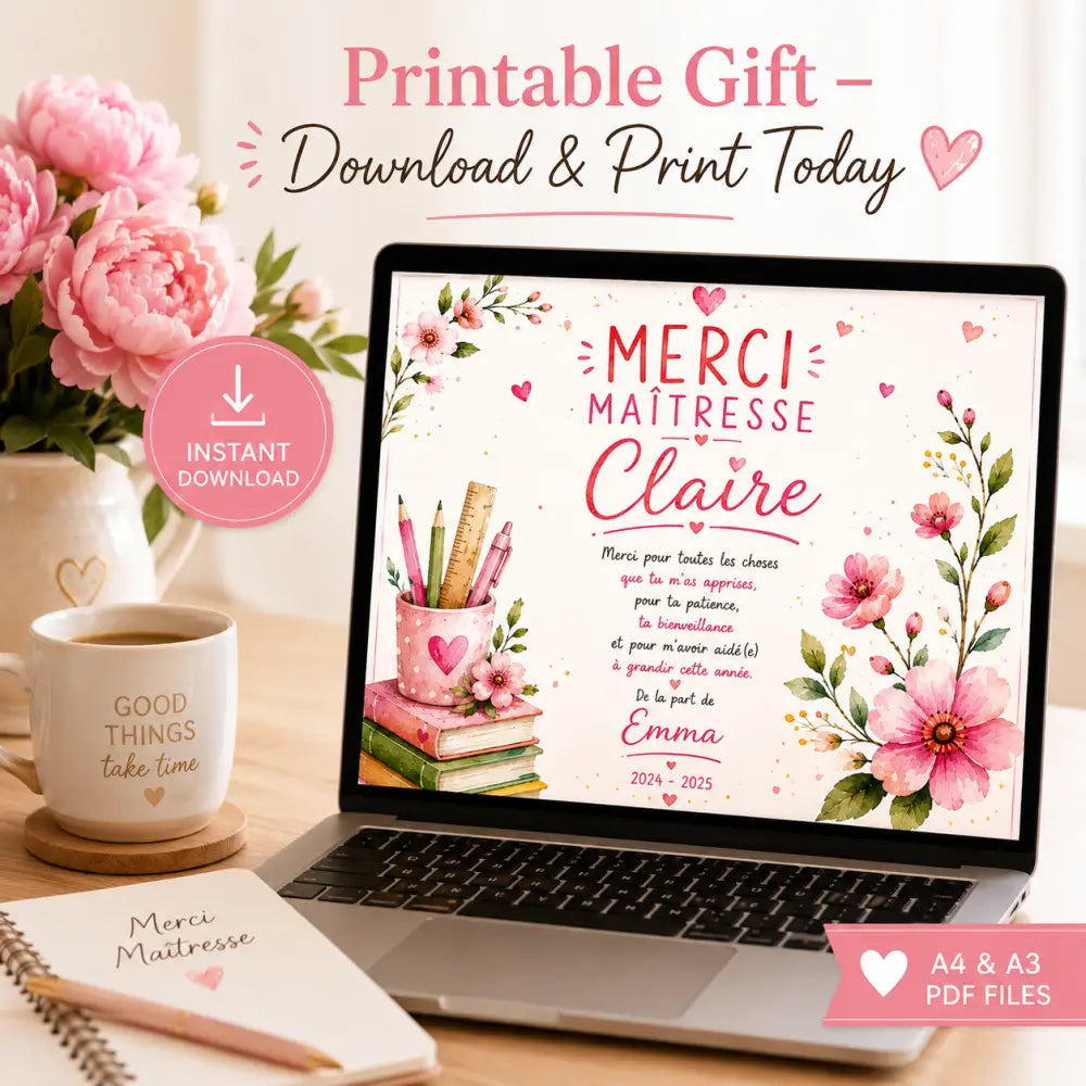 Carte cadeau imprimable hhh rose avec fleurs aquarelle et texte manuscrit affichée sur écran d’ordinateur portable