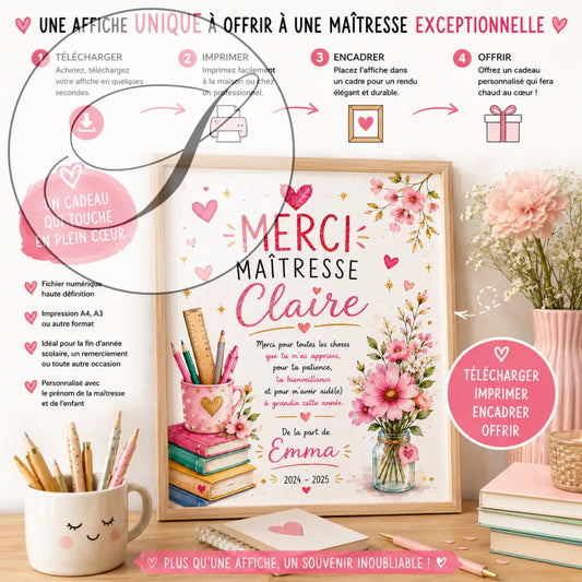 Affiche encadrée imprimable hhh avec design floral rose et or merci maîtresse claire et fournitures scolaires