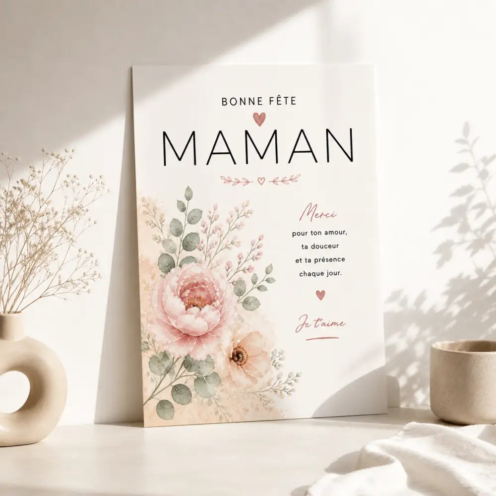 Affiche personnalisée fête des mères avec illustration délicate de pivoine rose et texte élégants cadeau maman original