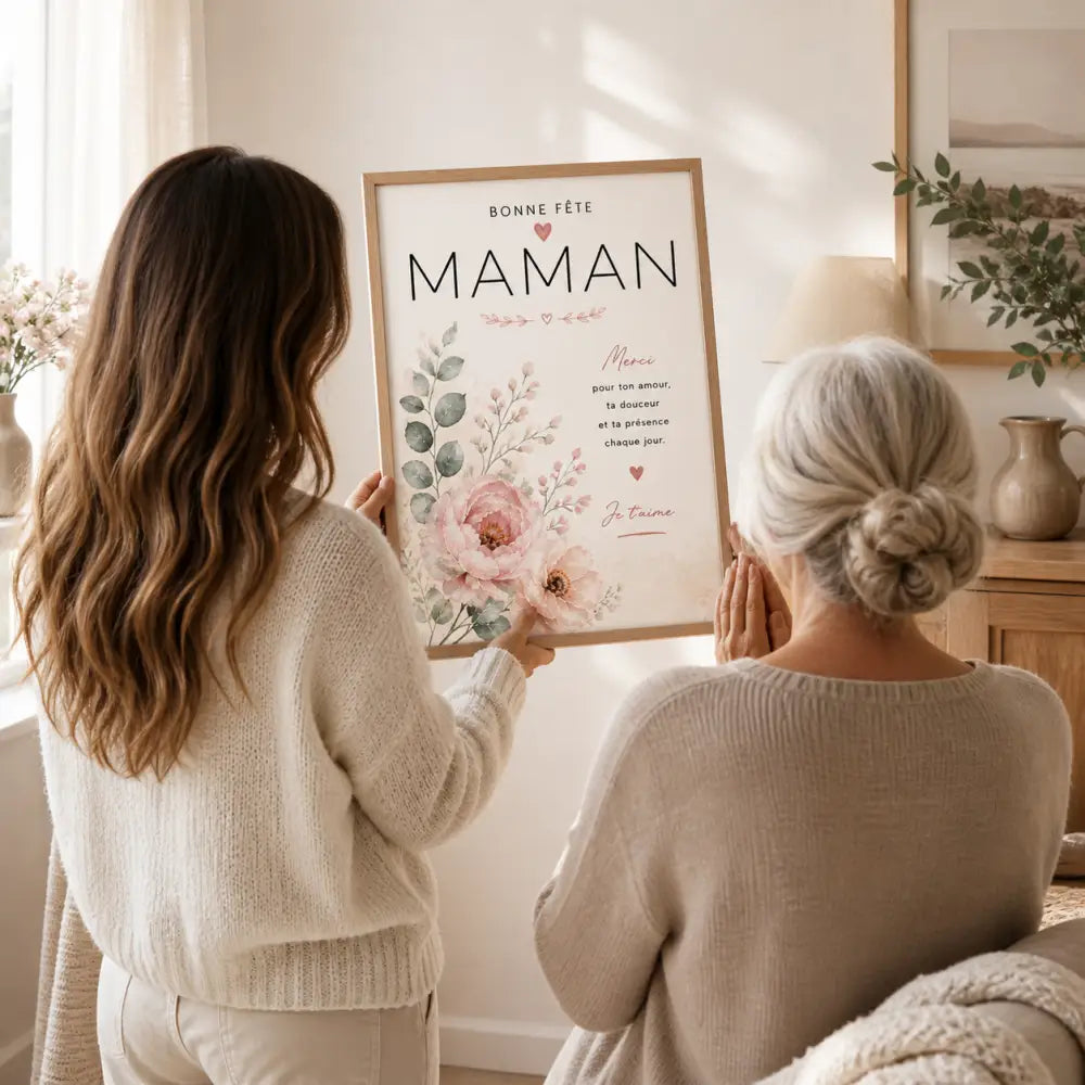 Affiche personnalisée fête des mères avec texte bonne fête maman et fleurs aquarelle r