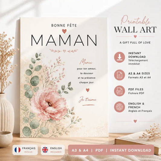 Affiche personnalisée fête des mères cadeau maman original avec fleurs aquarelle rose