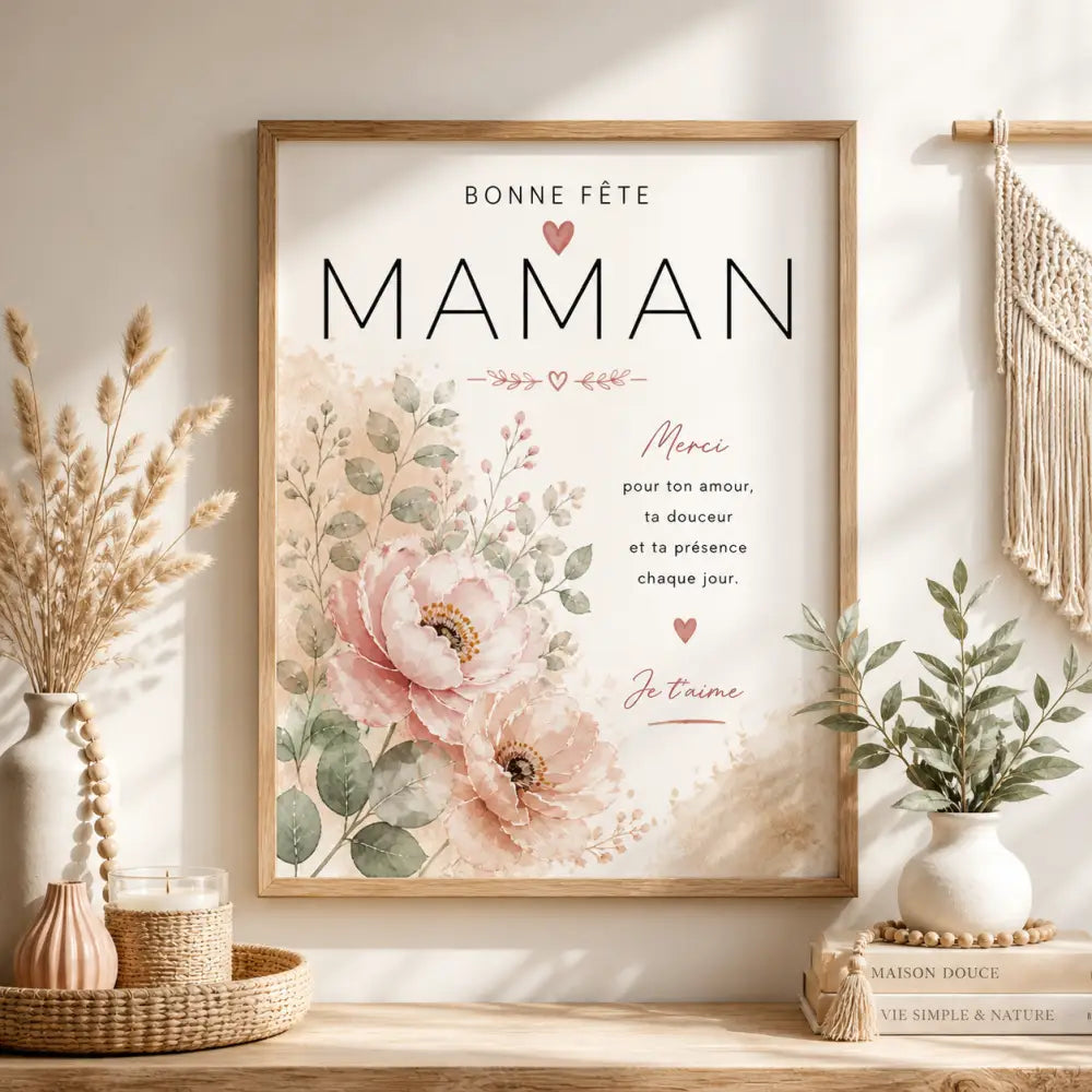 Affiche personnalisée fête des mères avec texte bonne fête maman et fleurs aquarelle rose et vert cadeau maman original
