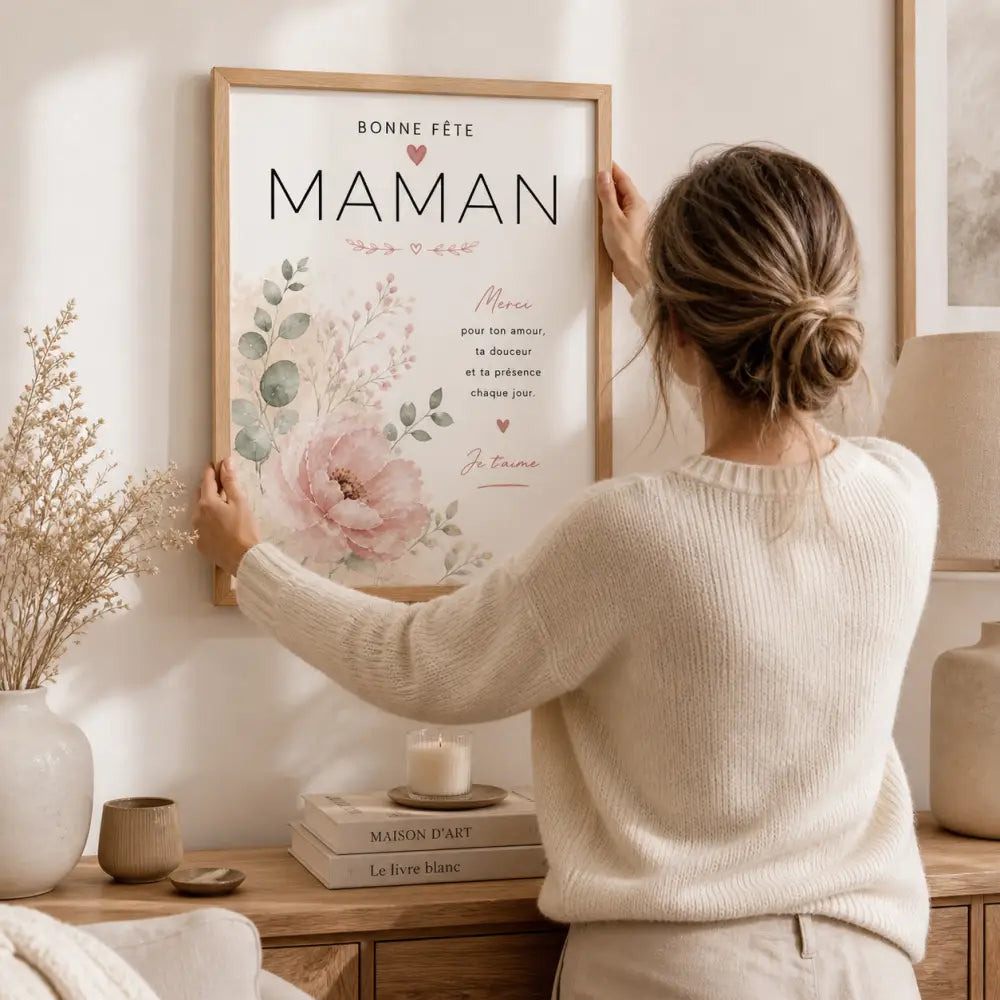 Affiche personnalisée fête des mères cadre en bois clair cadeau maman original avec design floral aquarelle rose et vert