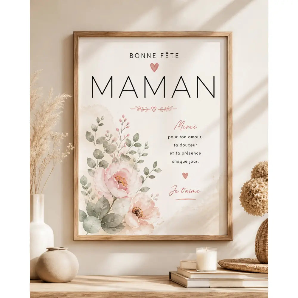 Affiche personnalisée fête des mères avec design floral rose et vert et texte bonne fête maman cadeau maman original