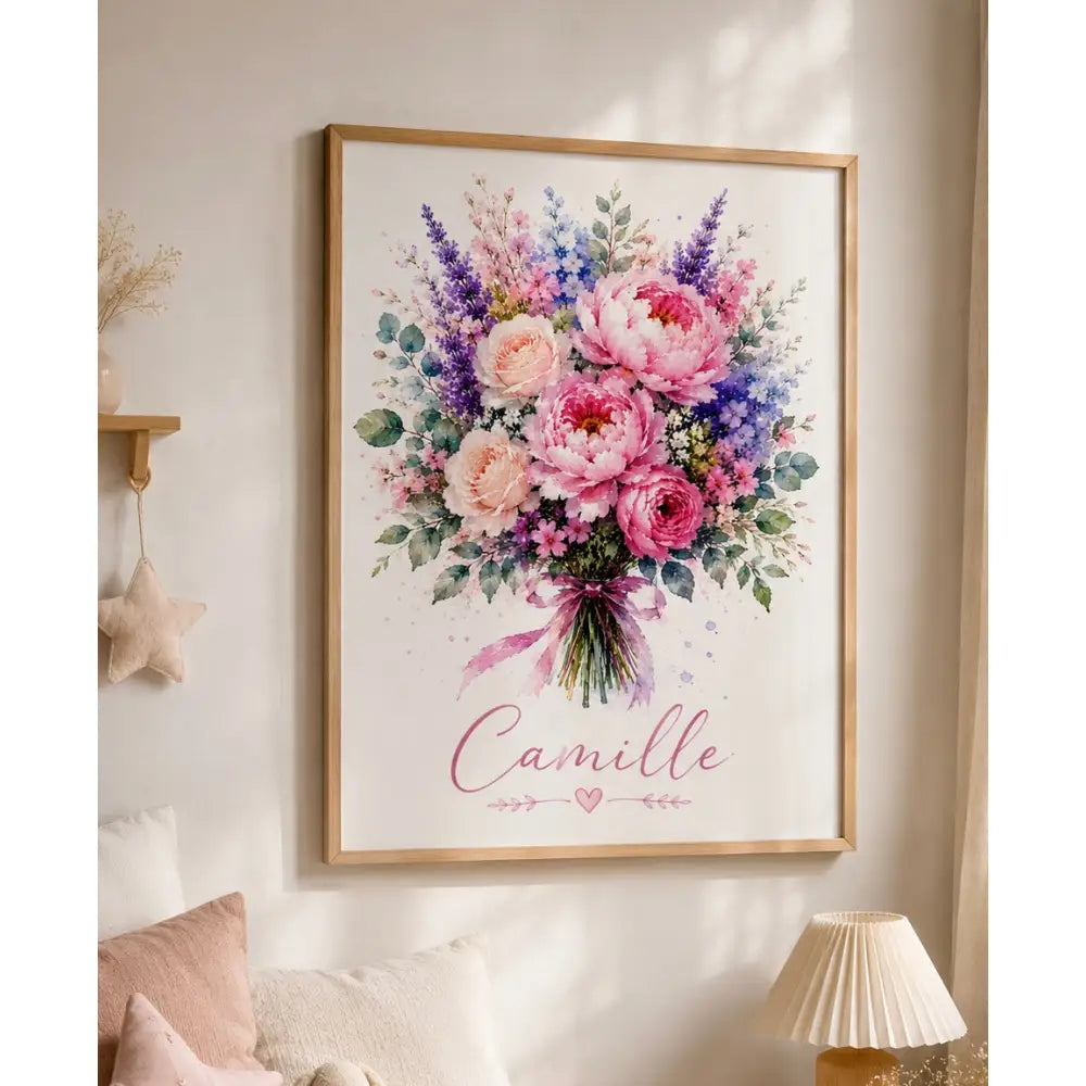 Affiche personnalisée prénom camille avec bouquet floral aquarelle rose violet bleu cadeau maman original fête des mères