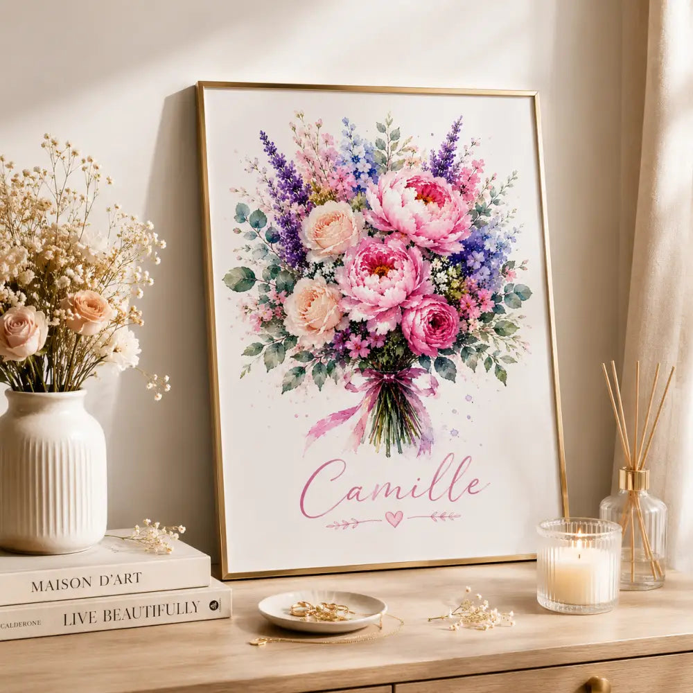 Affiche personnalisée prénom avec bouquet floral aquarelle rose violet bleu et ruban cadeau maman original fête des mères