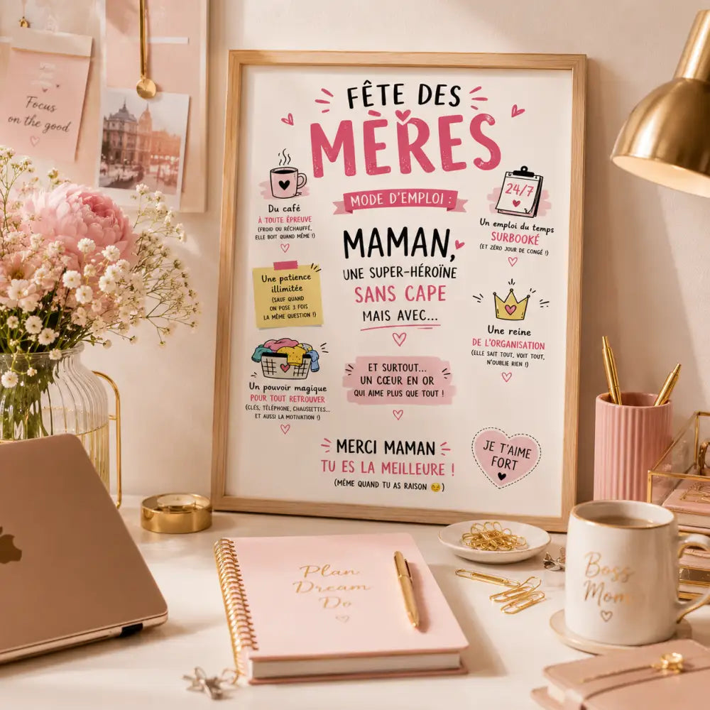 Affiche encadrée fête des mères fgg rose et blanche avec accents dorés illustrations ludiques et texte célébrant les mamans