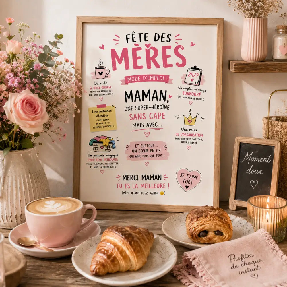 Affiche fête des mères fgg avec cadre rose et texte ludique avec illustrations colorées
