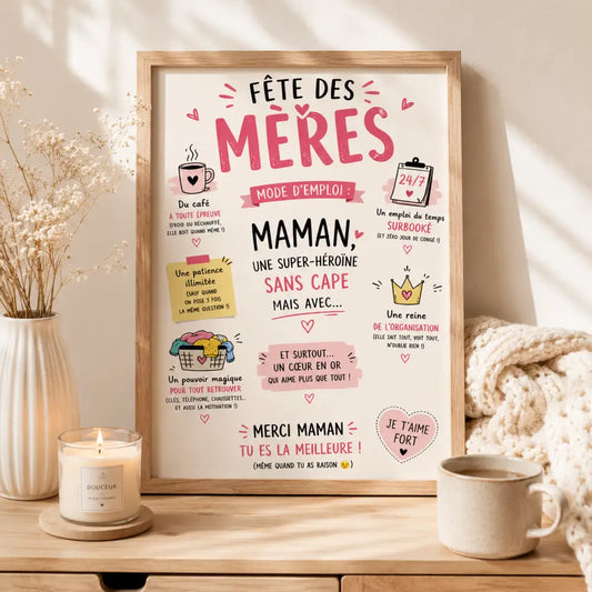 Un poster encadré fête des mères fgg avec texte rose et noir sur fond crème illustré de tasses de café et cœurs