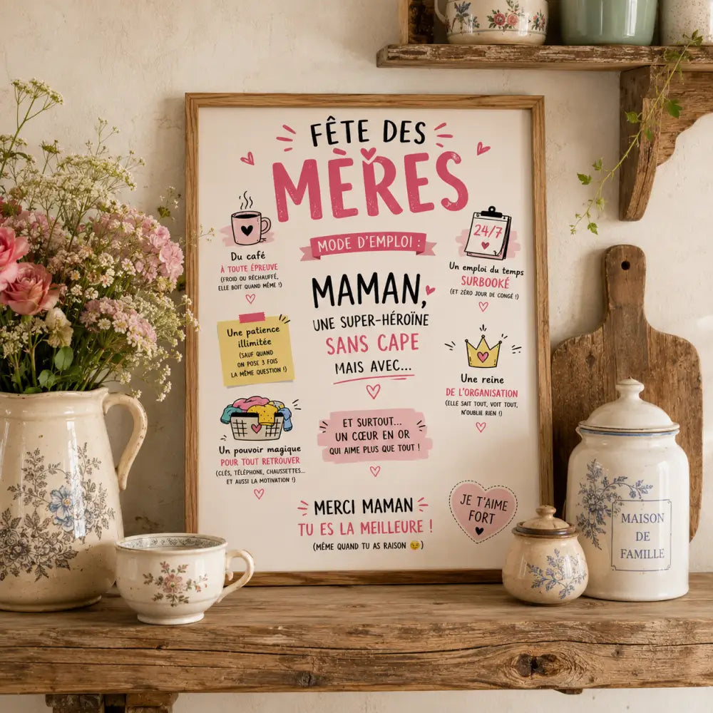 Un poster encadré fête des mères fgg avec texte rose et noir sur fond blanc et illustrations de tasses café paniers à linge et couronnes