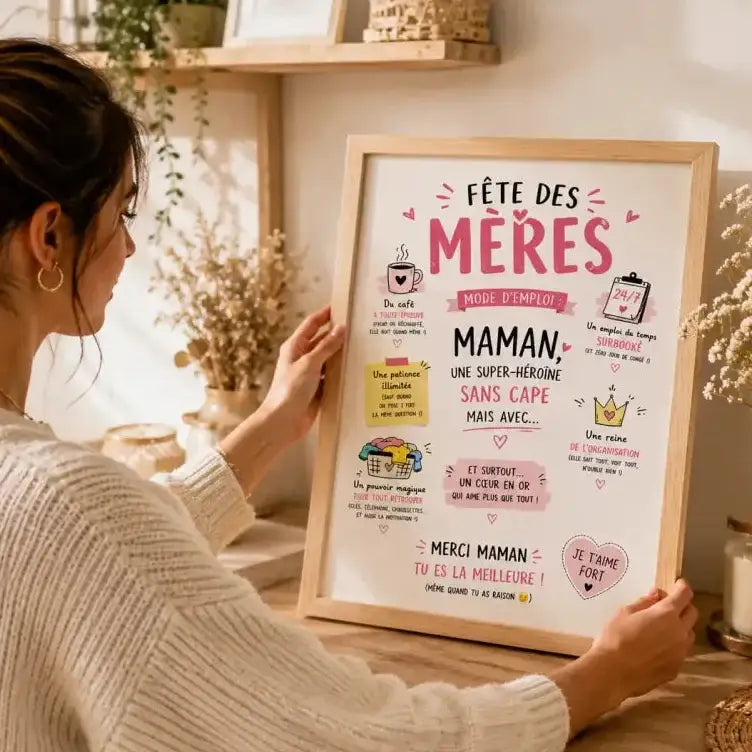 Un poster cadre fête des mères avec texte rose et blanc, icônes illustrées, cadre en bois pour décoration murale