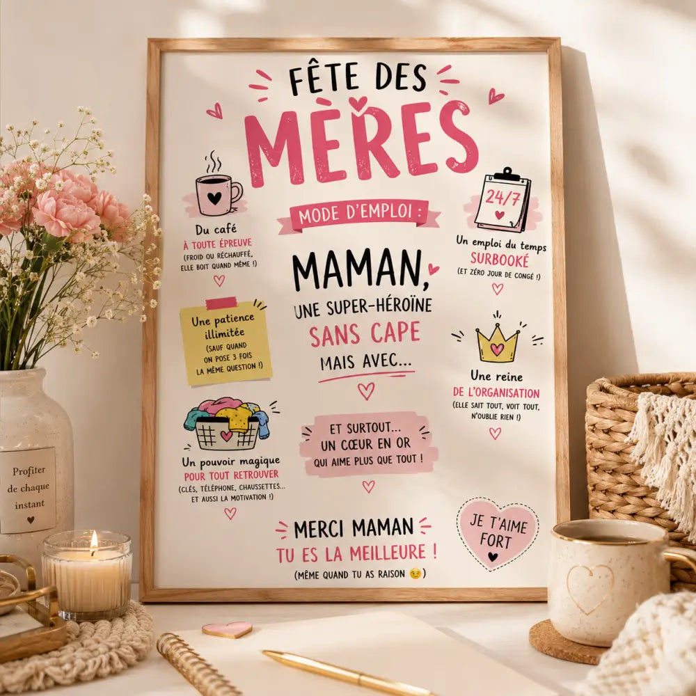 Affiche encadrée fête des mères fgg avec texte rose et noir illustration de tasses café notes autocollantes et couronnes
