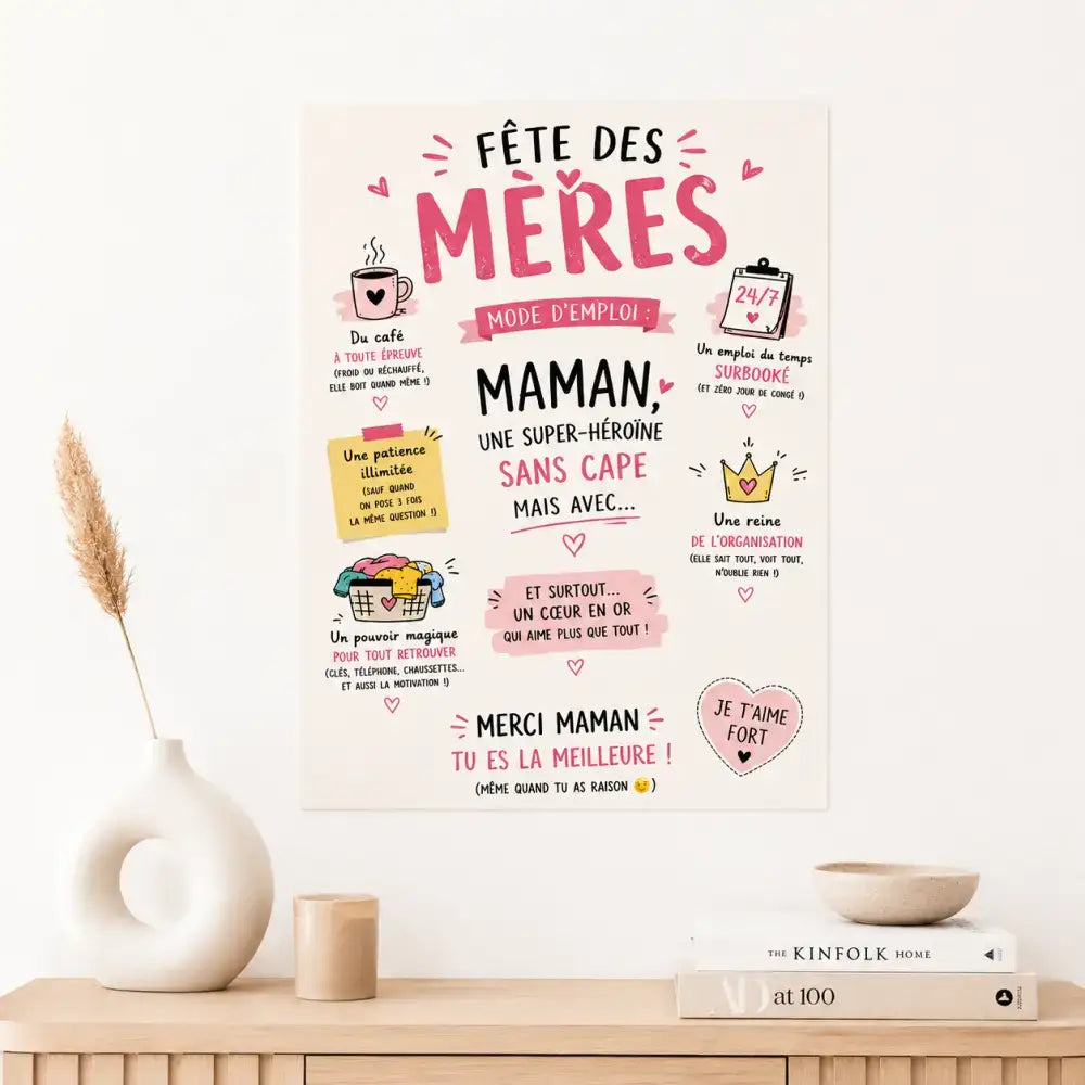 Affiche fête des mères rose et blanc avec texte ludique, cœurs et icônes illustrés