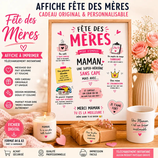 Affiche maman super héroïne avec texte rose et noir, illustrations de coeur et tasse de café dessinée pour cadeau maman original
