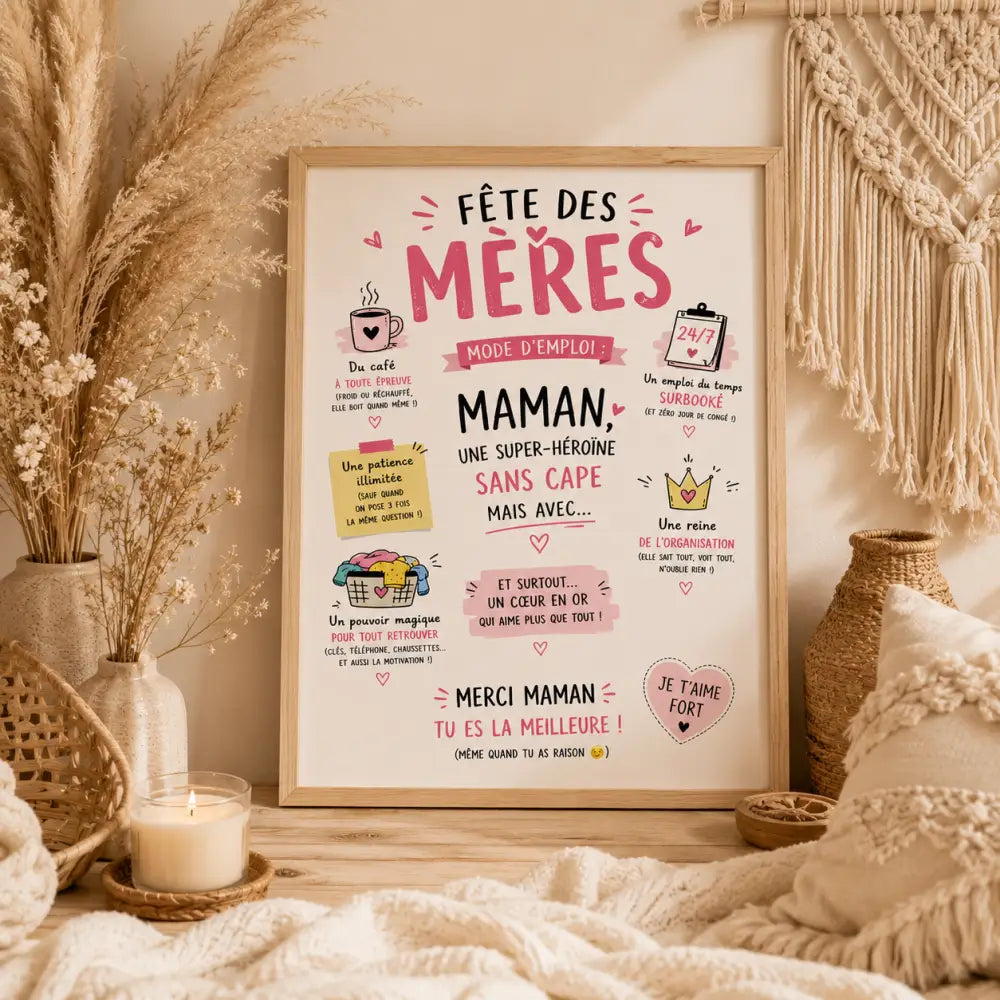 Un poster fête des mères encadré avec texte rose et noir et illustrations d une tasse café corbeille couronne et clipboard