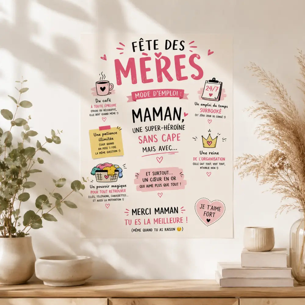 Affiche fête des mères fgg rose et blanche avec illustrations ludiques et texte en français célébrant les mamans superhéros