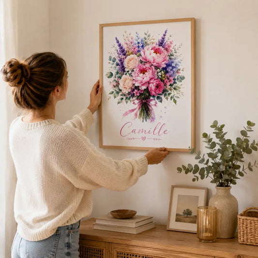 Affiche personnalisée prénom avec bouquet floral aquarelle rose violet blanc et nom camille, cadeau maman original fête des mères