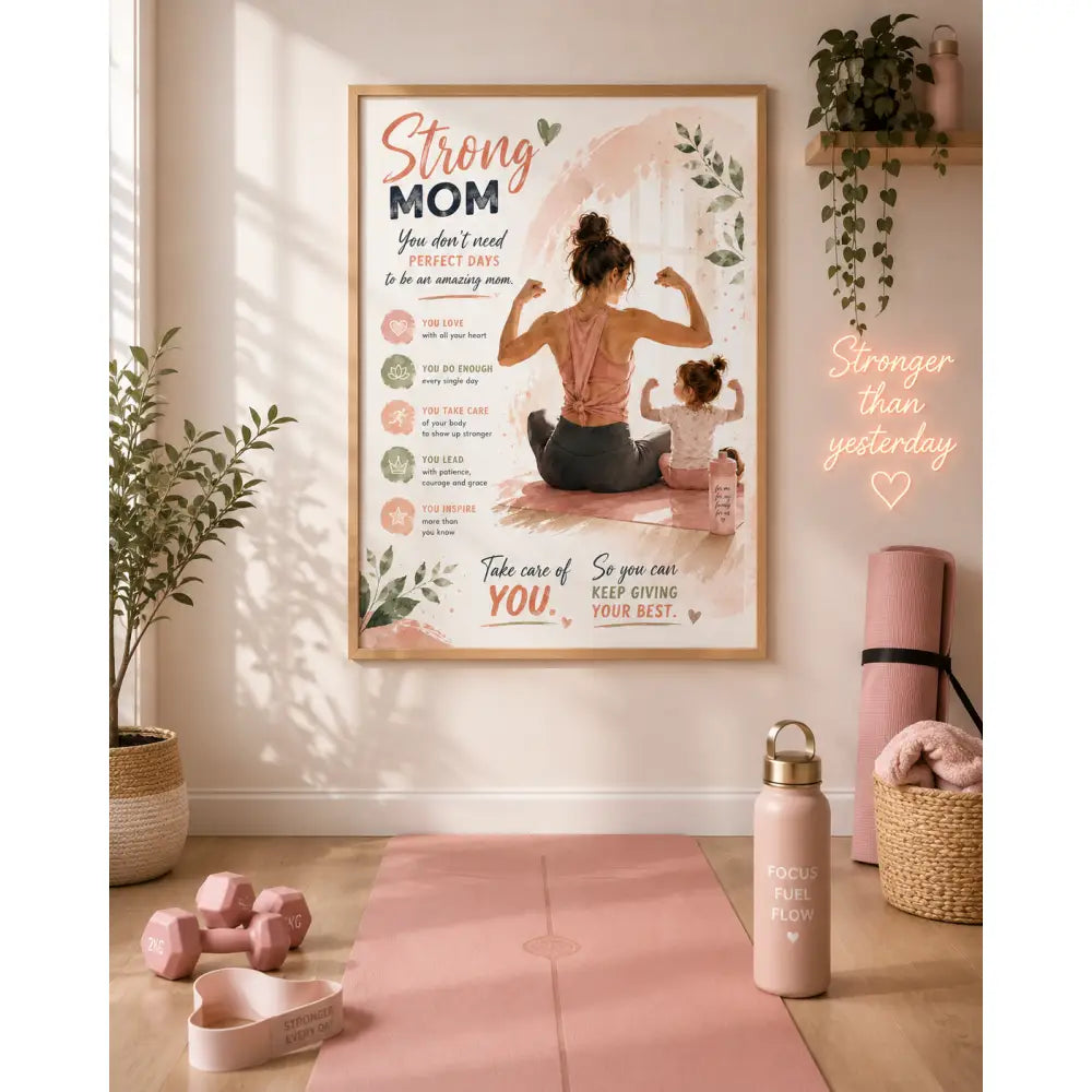 Affiche gg encadrée en rose avec texte motivationnel illustration pastel de mère et enfant musclés avec feuilles