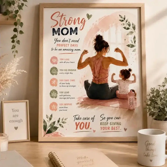 Affiche encadrée avec illustration femme et enfant en rose et vert flexant leurs muscles sur fond aquarelle doux
