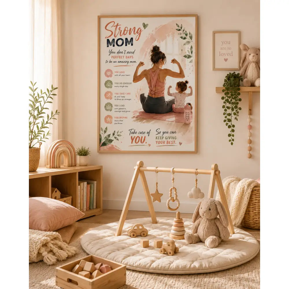 Poster encadré gg rose et beige illustrant une mère et son enfant montrant leurs muscles avec un texte motivant