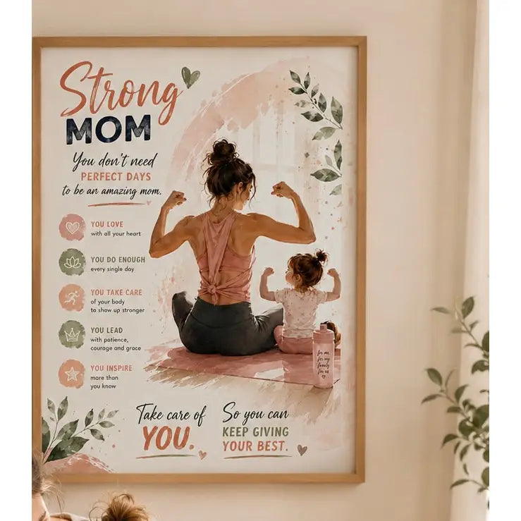 Un poster encadré gg avec un design aquarelle rose et vert montrant une mère et enfant en poses de yoga motivantes