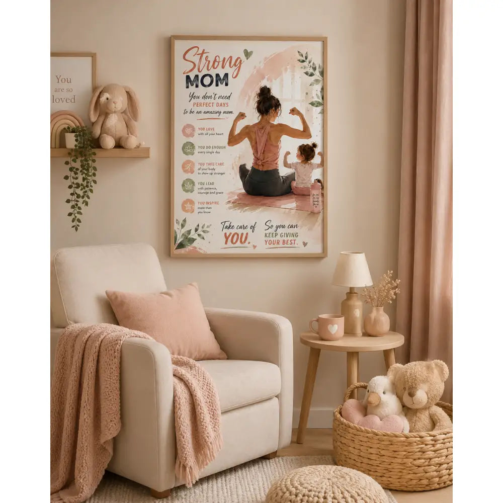 Un poster encadré gg avec illustration douce rose et beige dune mère faisant de la musculation avec son enfant