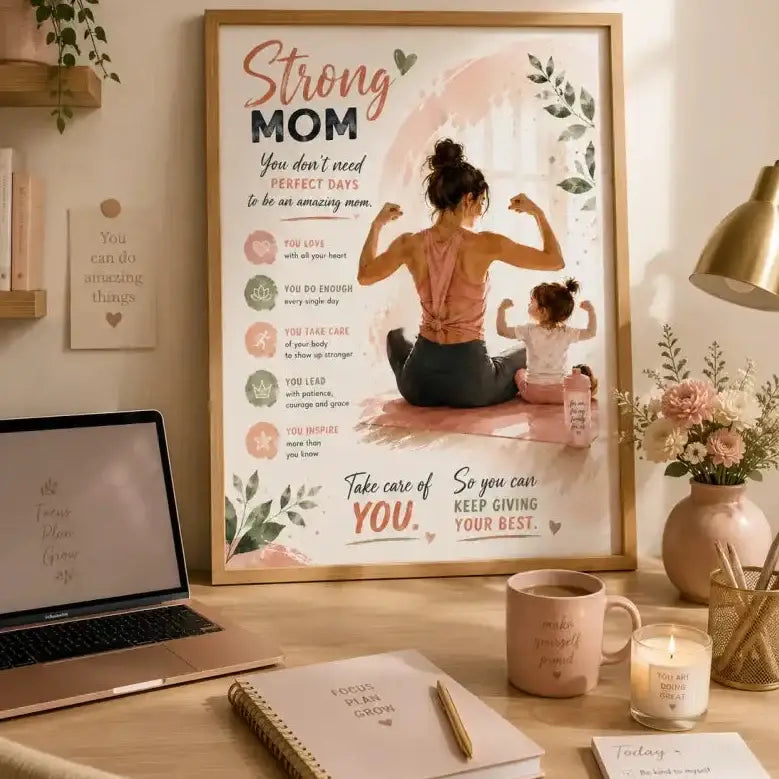 Un poster encadré gg avec une illustration aquarelle de mère et enfant en tons roses bordée de feuillage vert