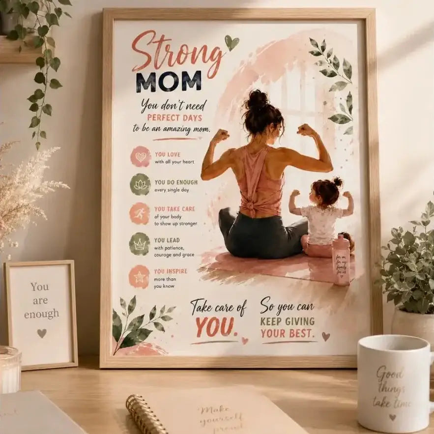 Affiche encadrée avec illustration femme et enfant en rose et vert flexant leurs muscles sur fond aquarelle doux