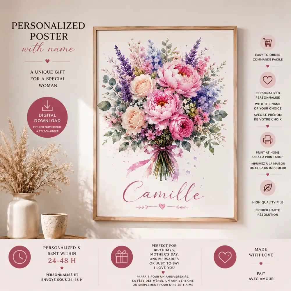 Affiche personnalisée prénom avec bouquet floral aquarelle de roses roses, violettes et crème dans un cadre en bois clair cadeau maman original