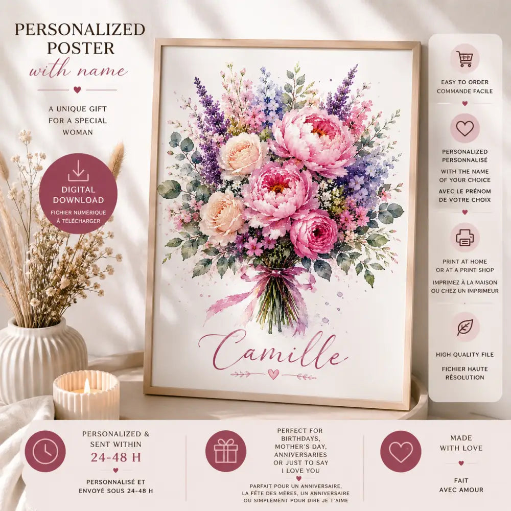 Affiche personnalisée prénom avec bouquet floral aquarelle rose violet pêche et cadeau maman original fête des mères