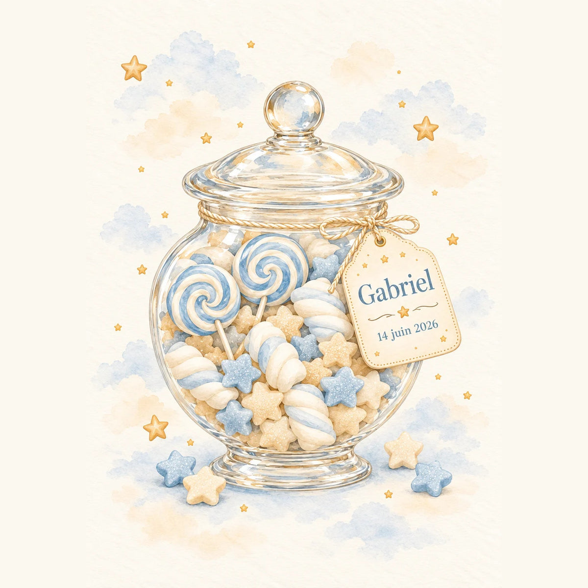 Cadeau naissance personnalisé : affiche bocal de bonbons, sucettes et guimauves avec étiquette prénom et date de naissance