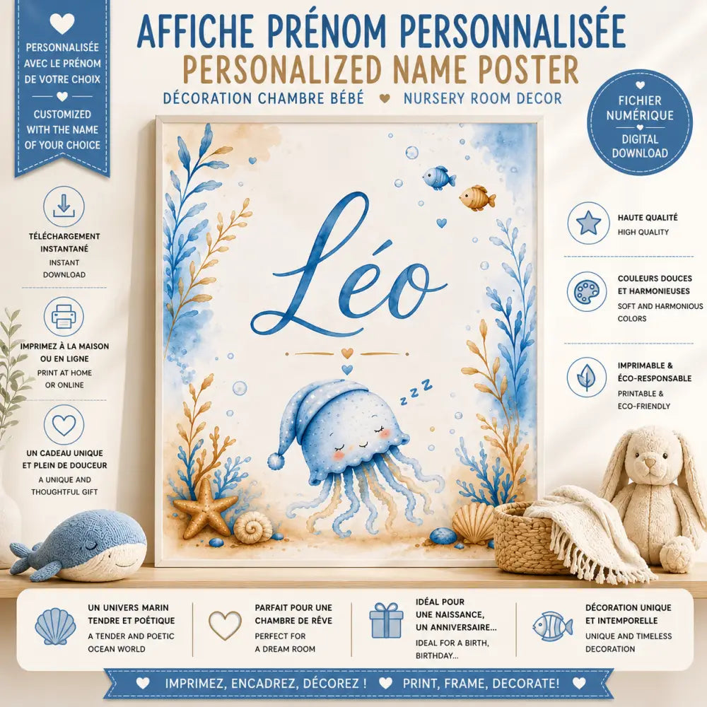 Affiche prénom personnalisée format a4 avec méduse bleue souriante et éléments océaniques en aquarelle cadeau naissance numérique