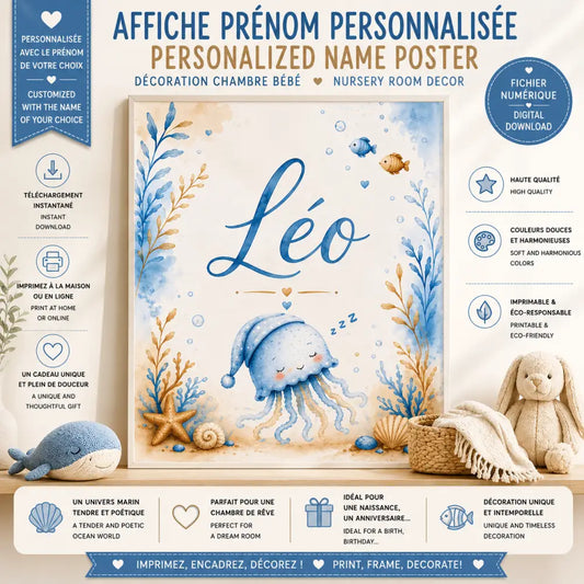 Affiche prénom personnalisée format a4 avec méduse bleue souriante et éléments océaniques en aquarelle cadeau naissance numérique