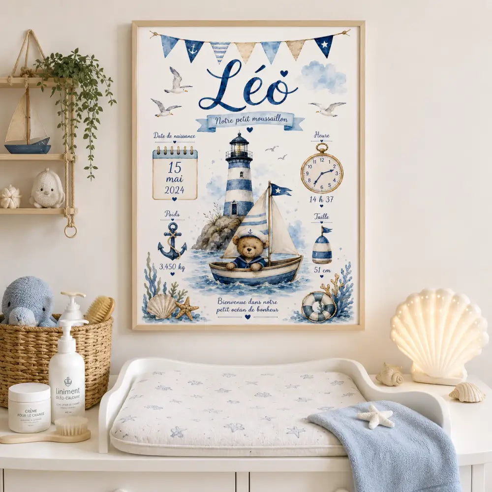 Affiche de naissance cf bleue et blanche thème nautique avec ourson en bateau phrare et statistiques bébé détaillées