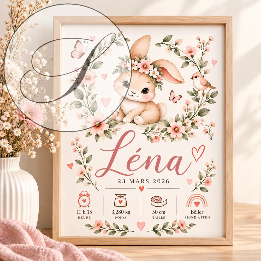 Affiche de naissance personnalisée lapin fleuri avec un bébé lapin beige, fleurs roses, papillons et oiseaux sur fond écru idéale baby shower