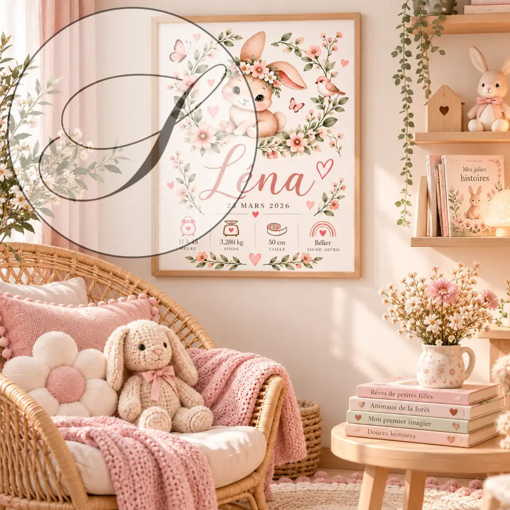 Affiche de naissance personnalisée lapin fleuri rose poudré avec un lapin et une couronne de fleurs idéale pour baby shower