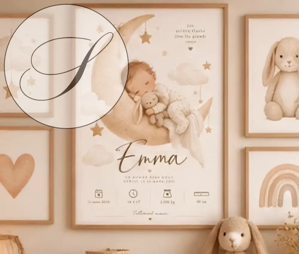 Affiche de naissance personnalisée bébé lune avec bébé endormi sur croissant de lune pastel, cadeau naissance idéal